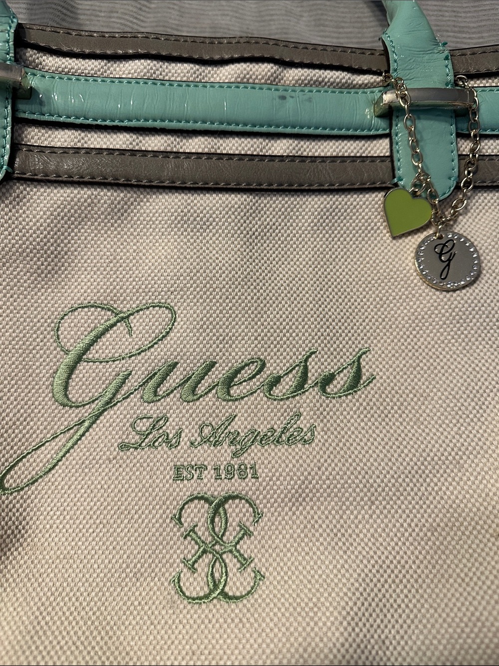 Guess Canvas Tote in Cream with Mint Trim - Picture 7 of 14